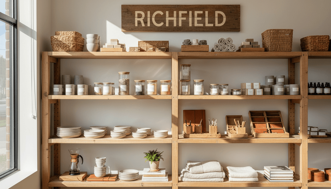 Curated retail display of everyday essentials and practical products on wooden shelves
