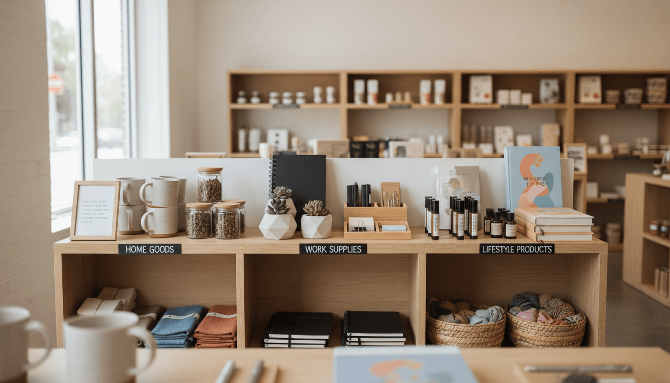 Neatly organized product display at Elna Shops in Richfield