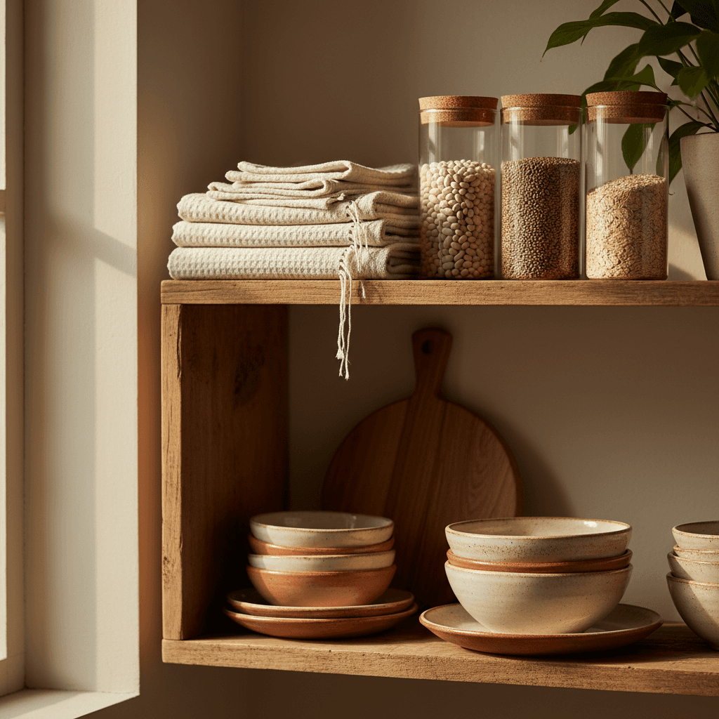 Organized household essentials on wood shelves