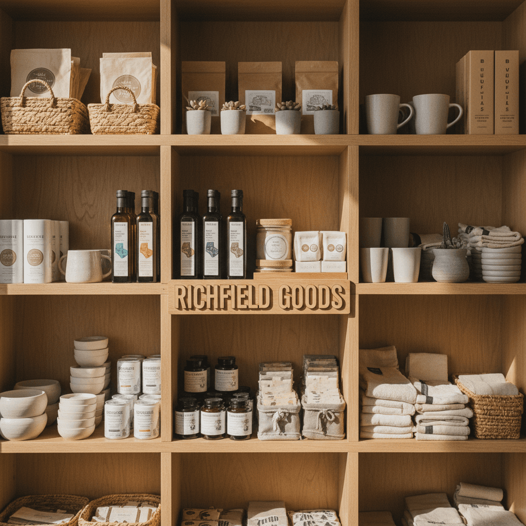 Curated product selection on display shelves